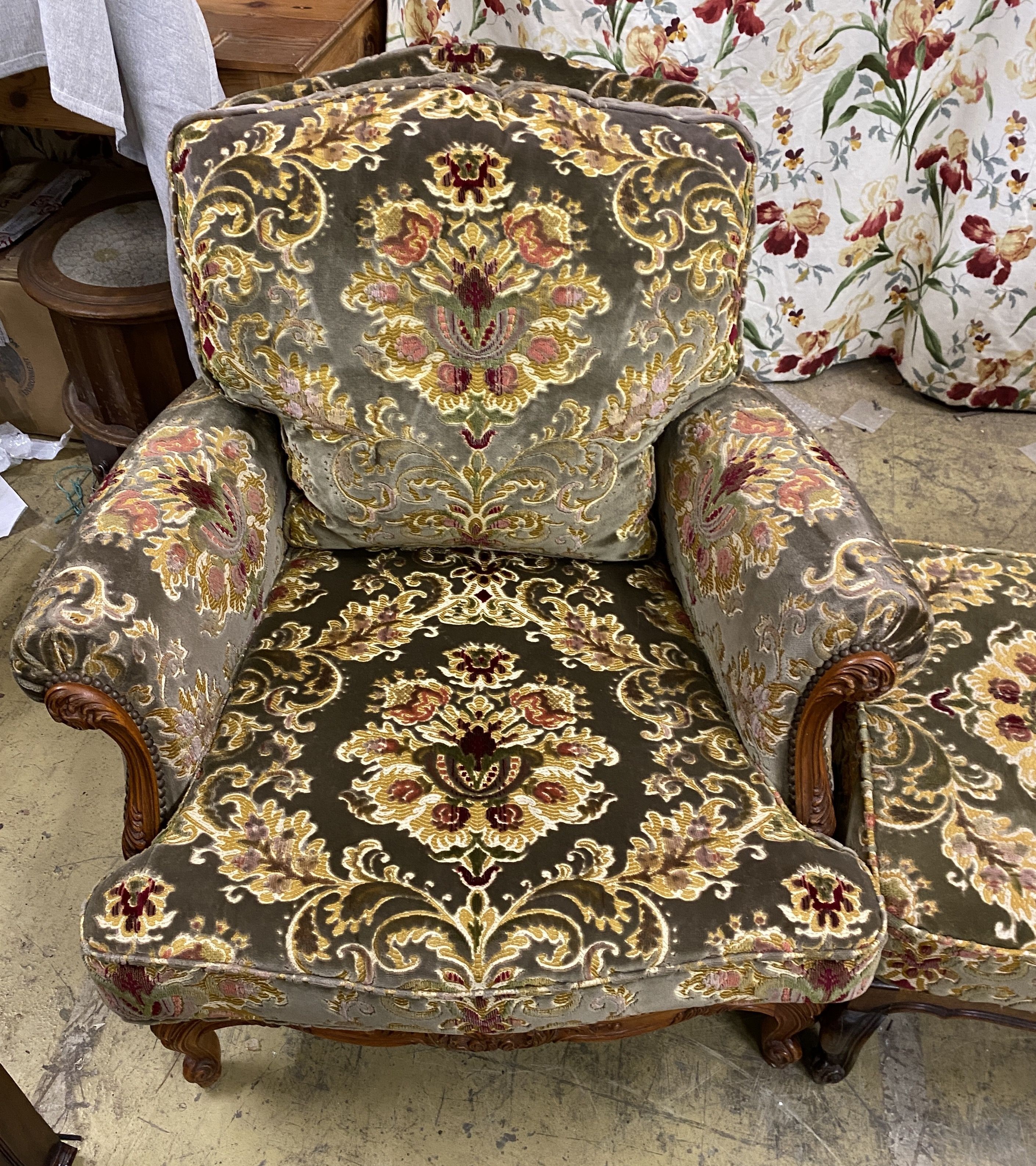 A pair of Louis XVI style armchairs, width 90cm, depth 86cm, height 82cm and a stool